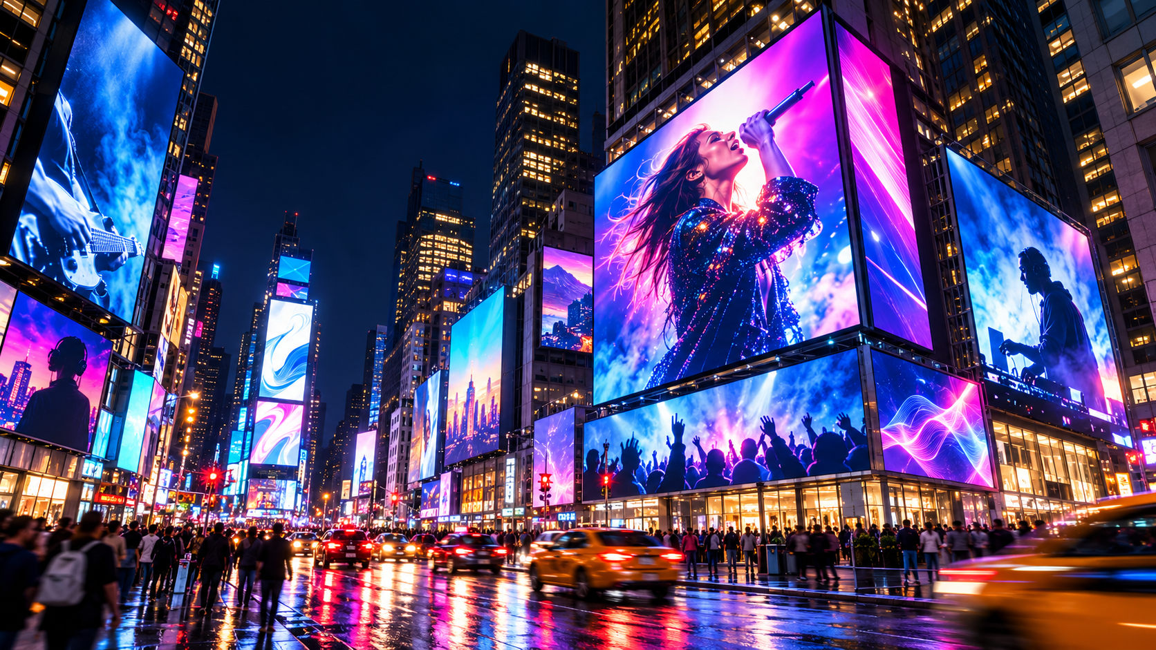 Times Square at night with large illuminated advertising screens above the traffic