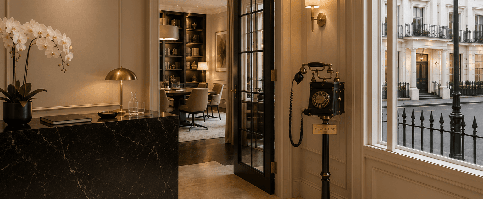 Elegant interior with a classic telephone beside a window onto the city
