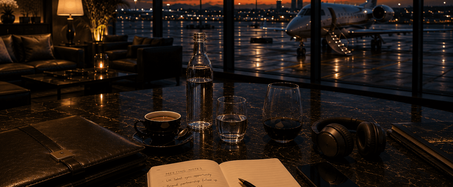 Private jet on the apron at dusk, seen from an executive lounge