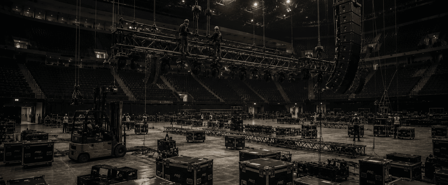 Festival load-in inside an empty arena with road cases and stage rigging