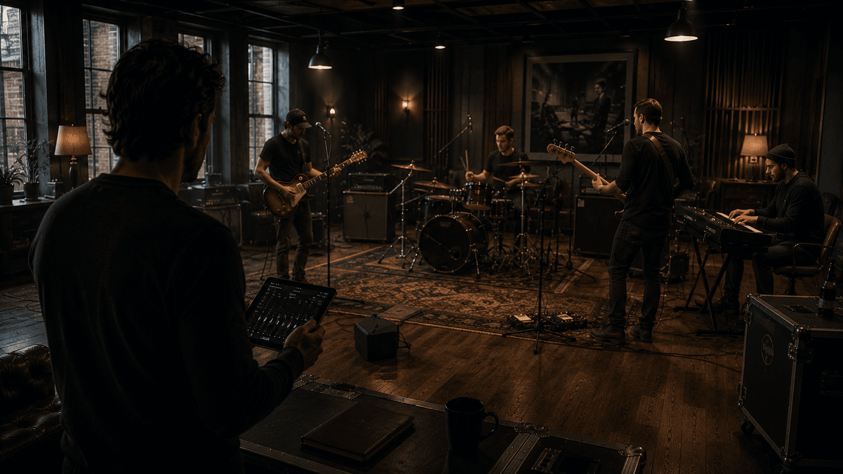 Band rehearsing in a dark studio room
