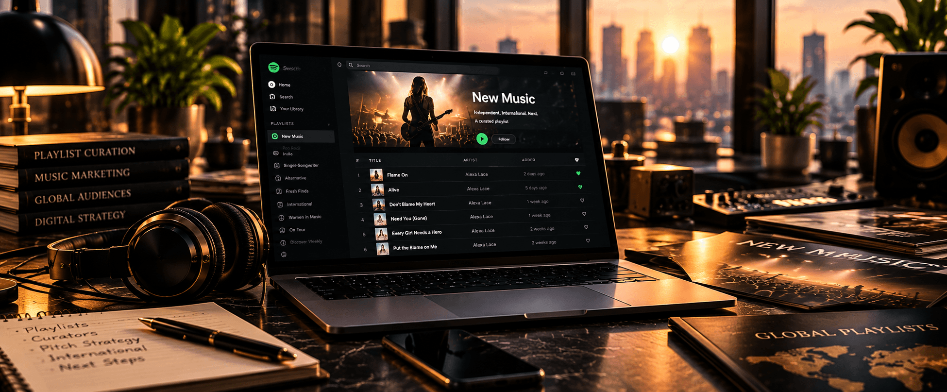 Contemporary listening and digital music workspace with headphones and laptop