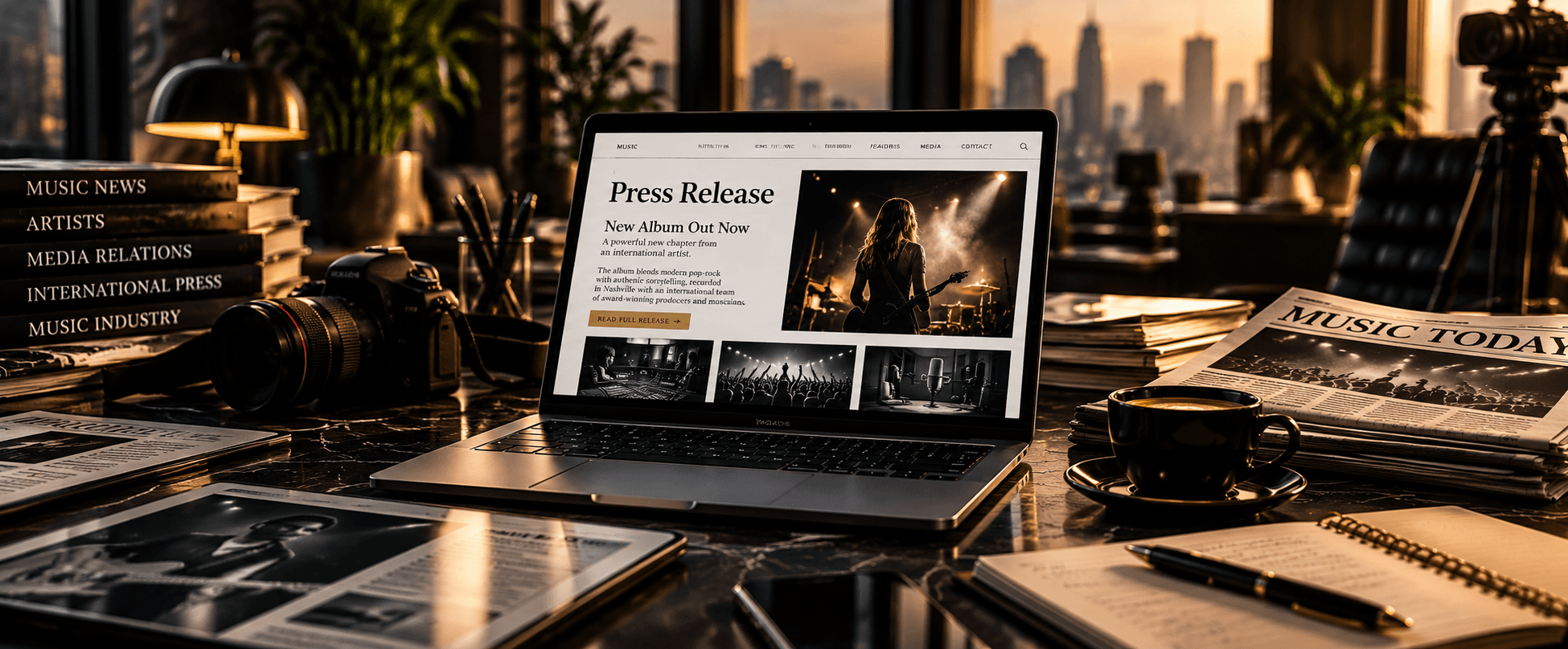 Editorial desk with a press release, camera and music press