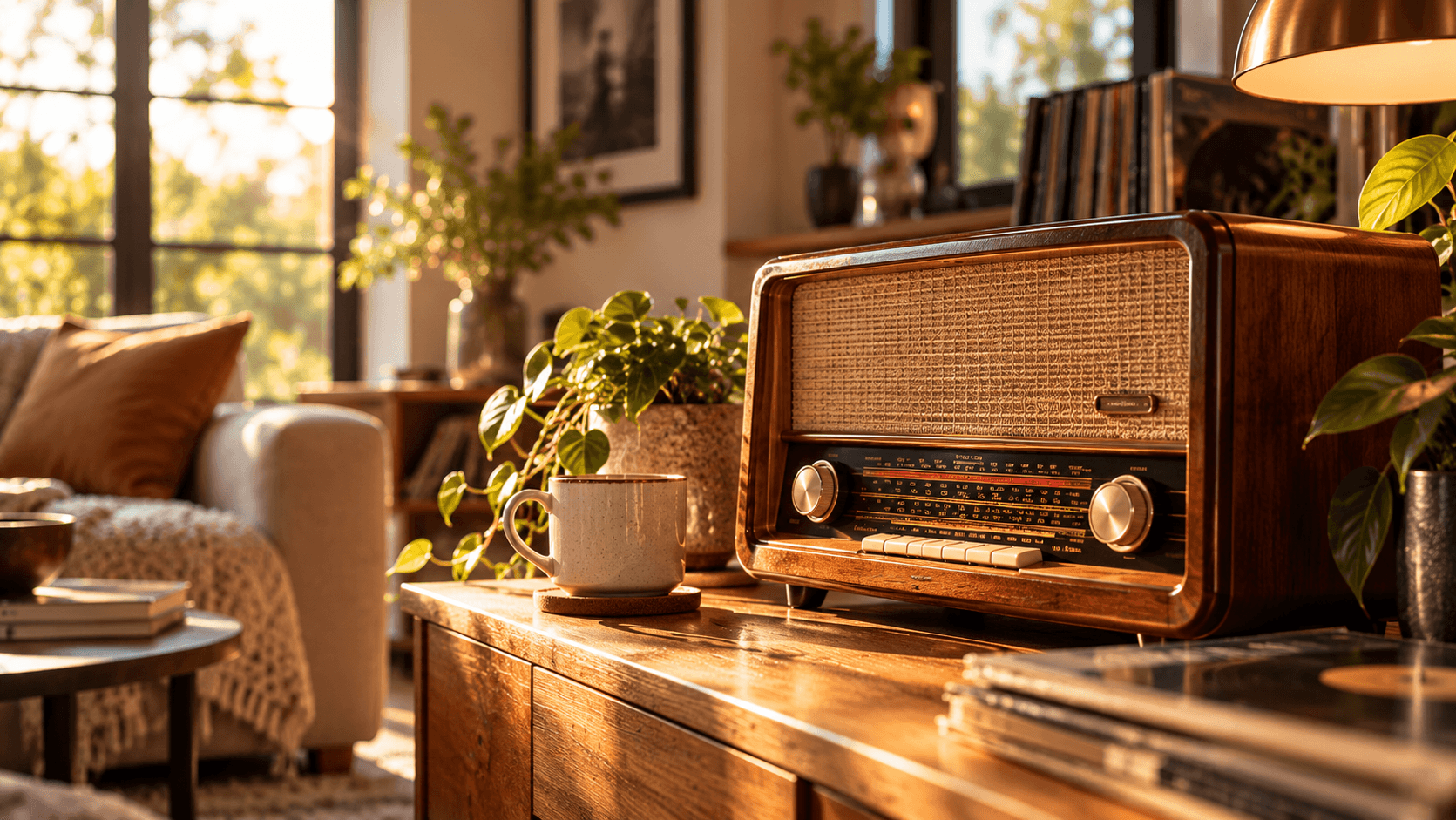 Classic wooden radio on a sideboard in a sunlit living room
