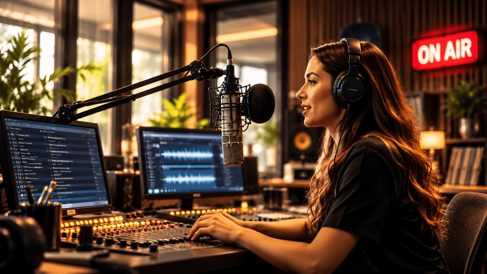 Female radio presenter with headphones speaking into a studio broadcast microphone