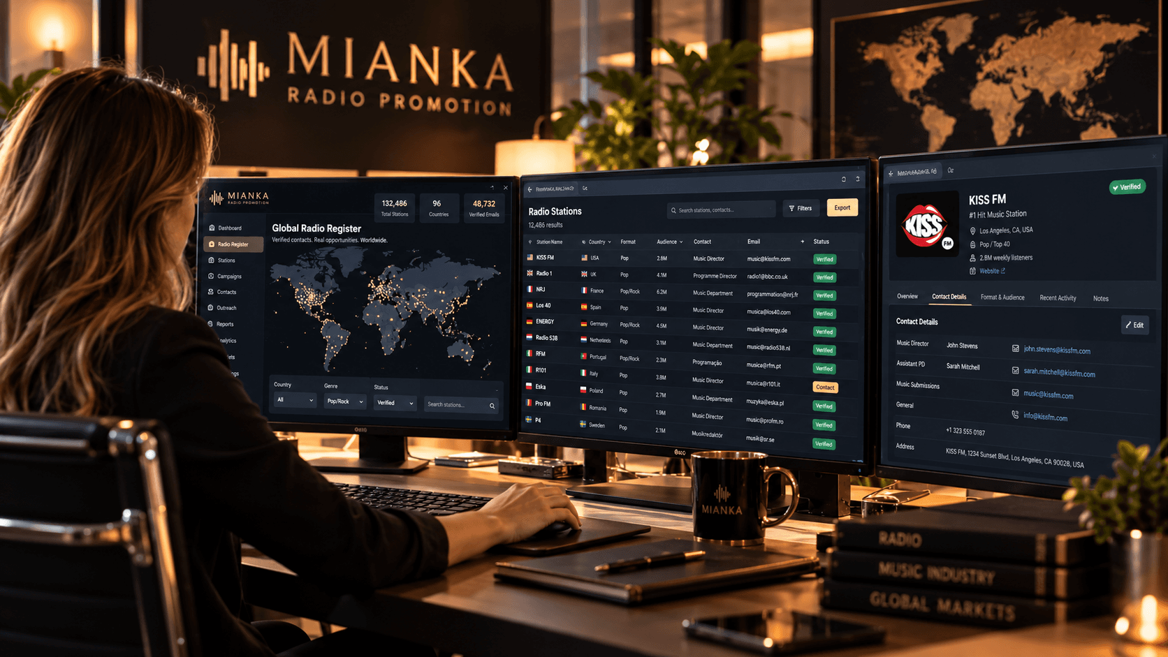 MIANKA Radio Registry shown on three studio screens with verified station contacts and a world map