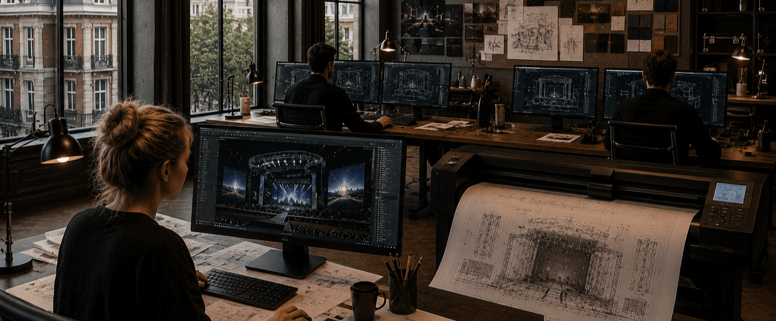 Designer working at a multi-monitor studio workstation with production plans