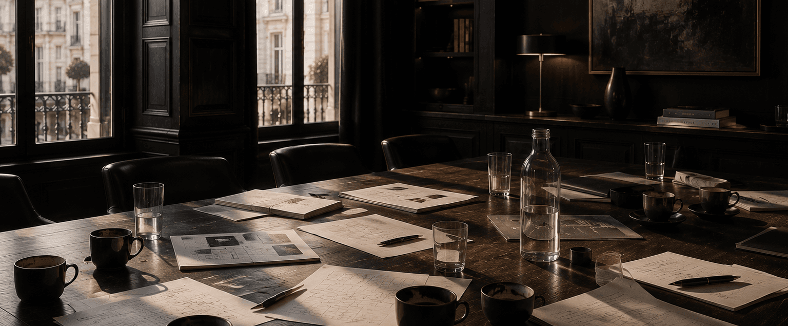 Campaign documents and working notes on a dark table